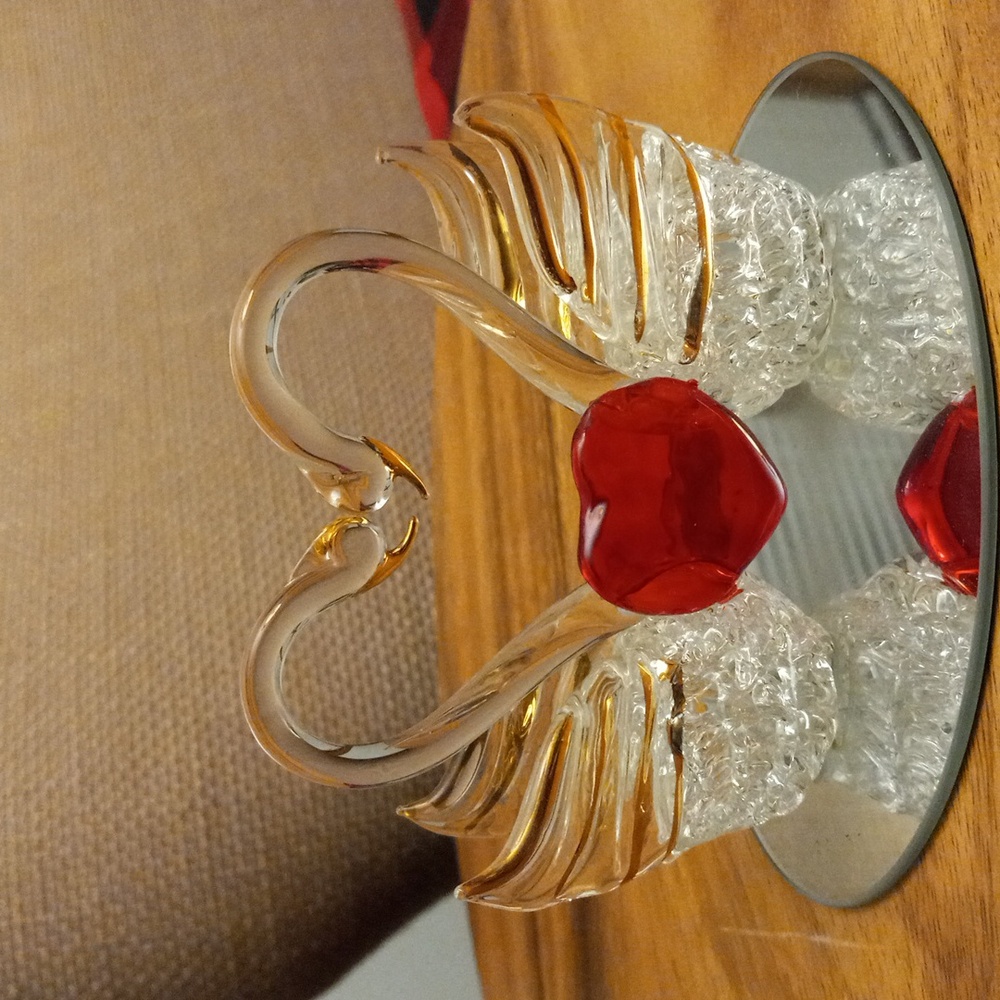 Hand Sculpted Glass Swans Heart Love Valentines Day 22k Gold Mirror Sculpture